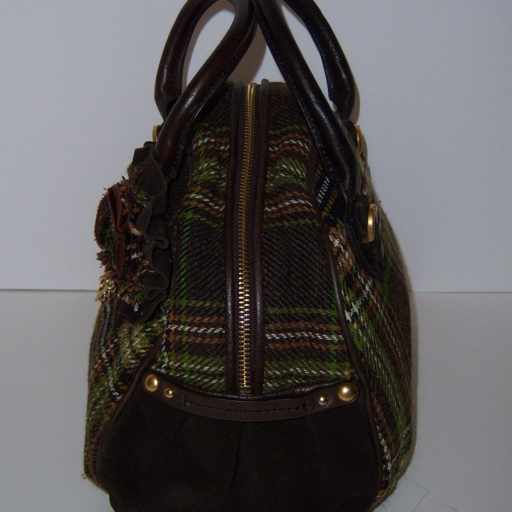 Vintage Juicy Couture Brown Green Tweed Plaid Wool Bowler Bag Y2K Academia - Picture 5 of 9